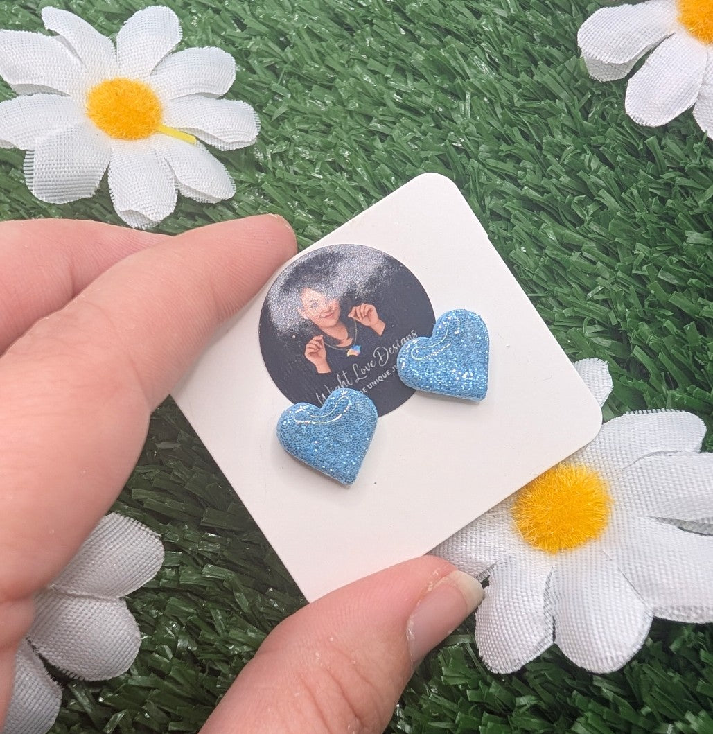 Blue Glitter Heart Stud Earrings