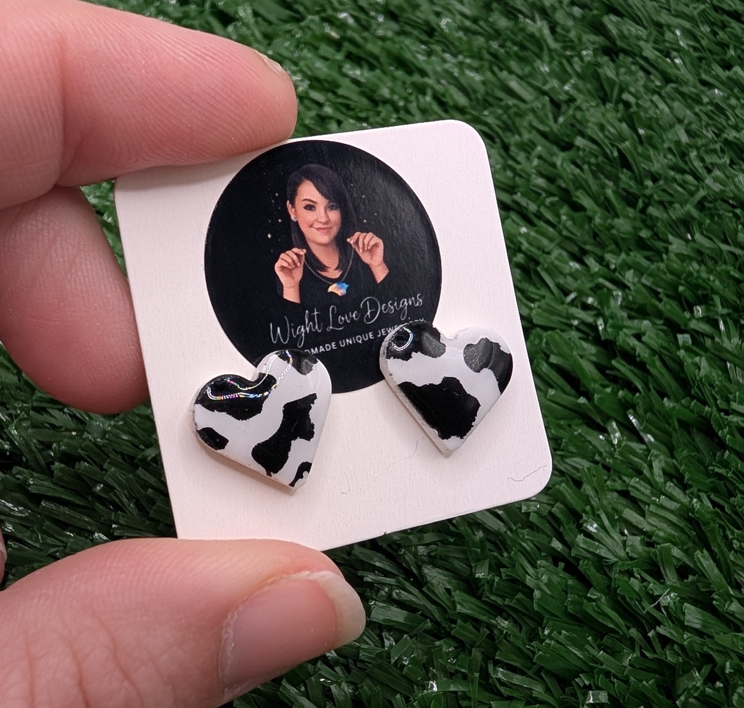 Cow Print Heart Stud Earrings