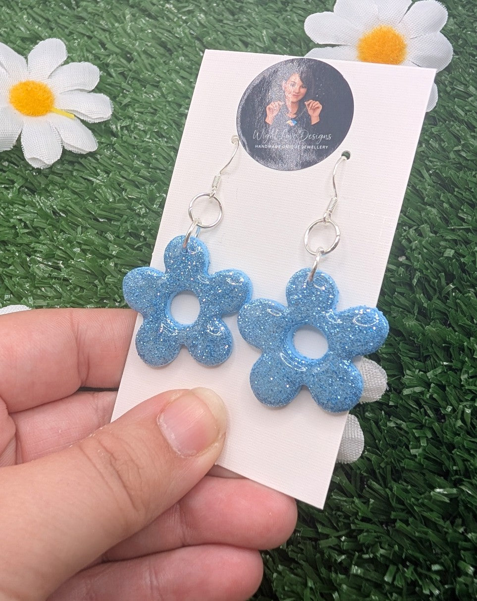 Blue Glitter Flower Drop Earrings
